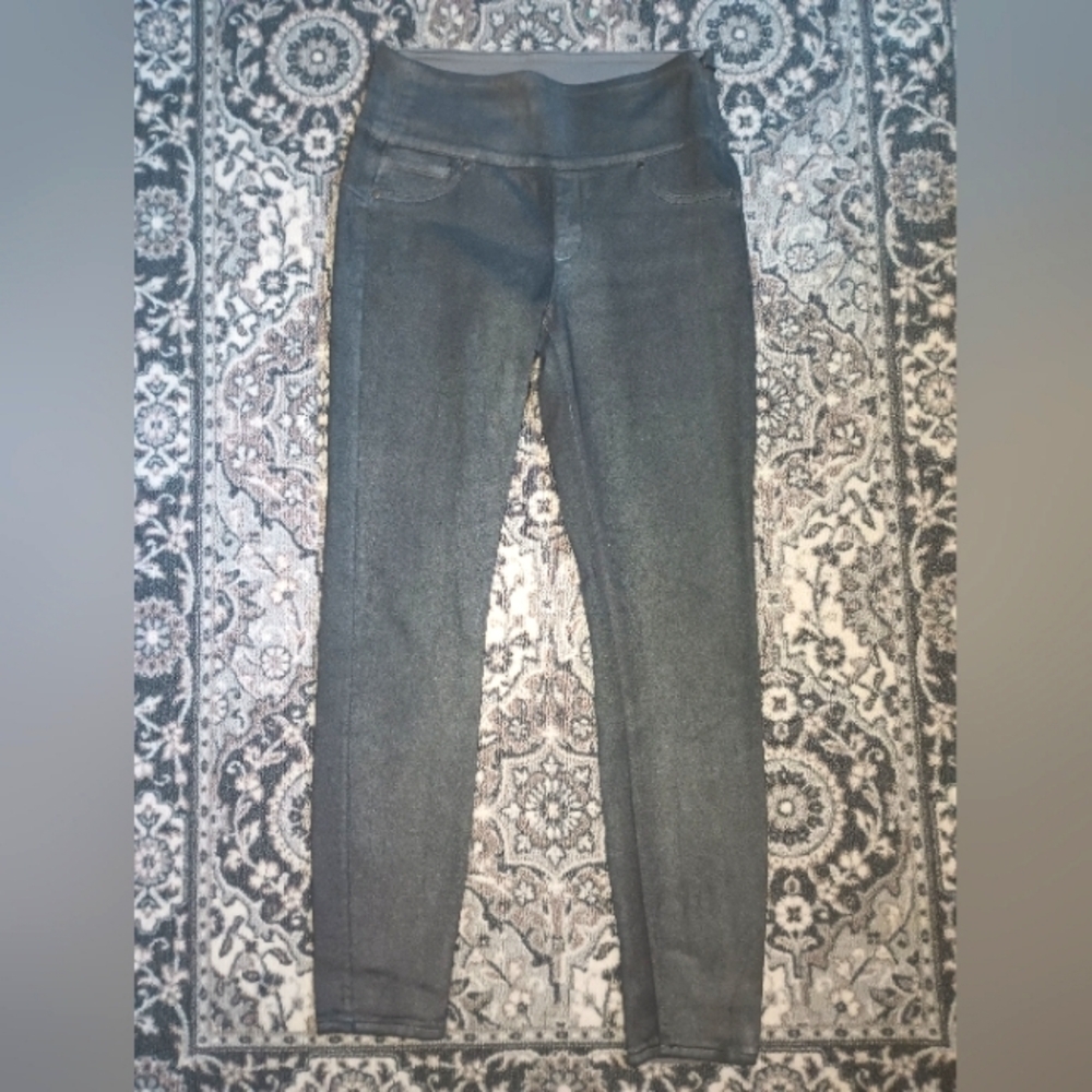 Spanx Solace Wax Denim Leggings Medium Gray Shimmer Stretch Slimming Glam - Picture 1 of 12